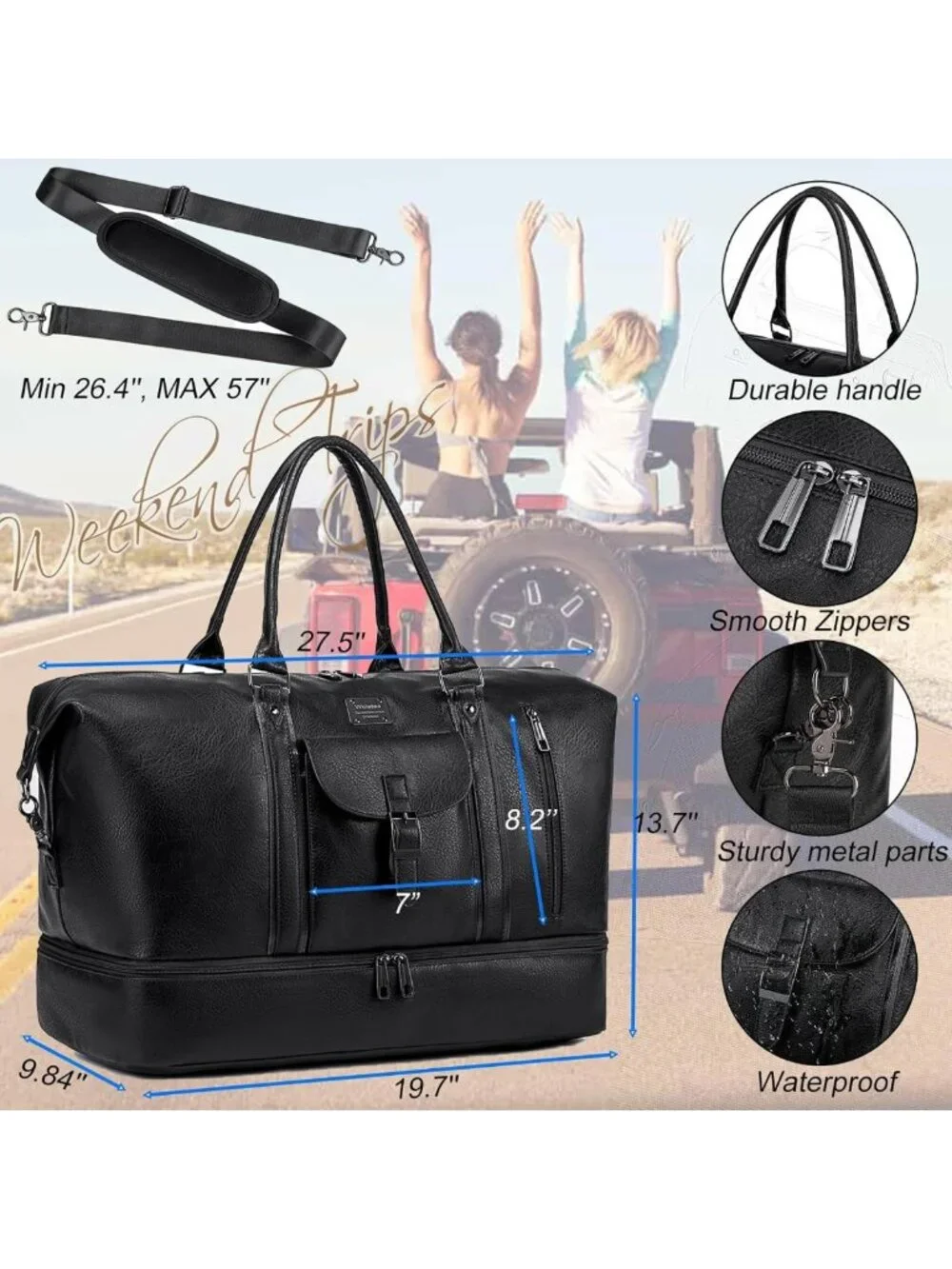 Large Faux Leather Weekender Duffel Bag with Shoes Compartment & Waterproof